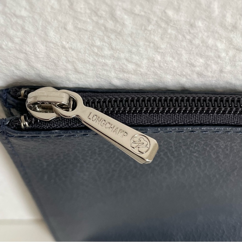 Longchamp Le Foulonné Navy Blue Pebbled Leather Clutch Purse Pouch Zippered - Picture 6 of 10